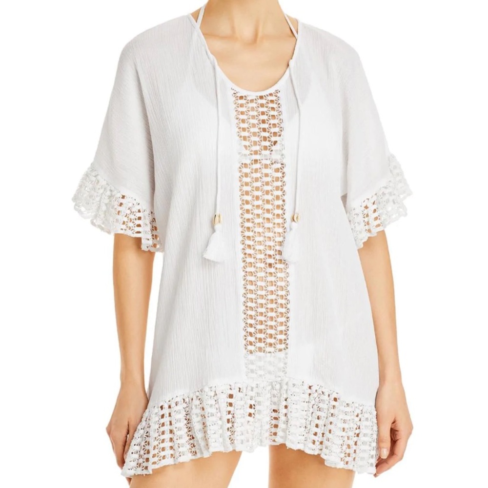 NWT Surf Gypsy crochet sleeve short sleeve cover up white cowrie tassels SHOPTAG - Picture 10 of 10
